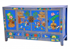 Orientální skříňka modrá, malba květin a vesnice