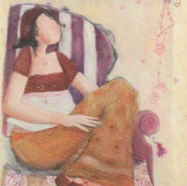 Obrázek 20x20, žena v křesle, rám sv. dub - červotoč