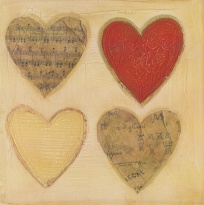 Obrázek 14x14, čtyři srdce - červené, rám sv. dub - červotoč