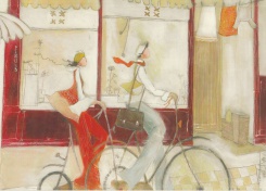 Obrázek 30x40, postavy na kolech, rám bílý s patinou