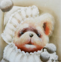 Obrázek 30x30, medvěd s bambulí, rám bílý s patinou