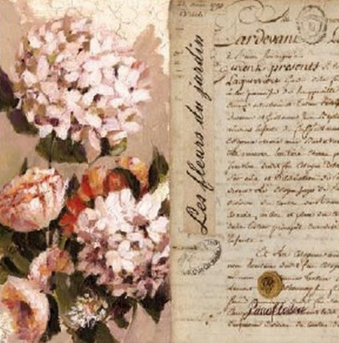 Obrázek 30x30, květiny/ text III., rám bílý s patinou