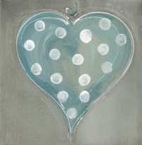 Obrázek 30x30, srdce modré s puntíky, rám bílý s patinou
