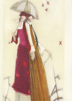 Obrázek 13x18, dvě postavy pod deštníkem, rám sv. dub - červotoč