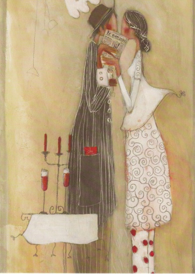 Obrázek 13x18, postavy pusinky, červená, rám bílý s patinou