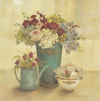 Obrázek 18x18, květiny v modro-zelené váze, rám bílý s patinou