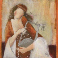 Obrázek 30x30, postava s lyrou, rám bílý s patinou