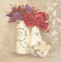 Obrázek 30x30, květiny ve váze & korun, rám bílý s patinou