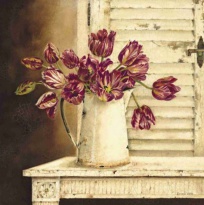 Obrázek 40x40, tulipány & okenice, rám bílý s patinou