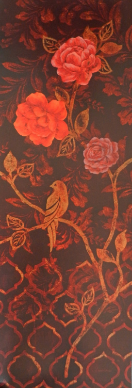 Obrázek 33x95, růže & ptáček I., rám bílý s patinou