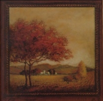 Obrázek 18x18, strom v oranžových tónech, rám sv. dub - červotoč