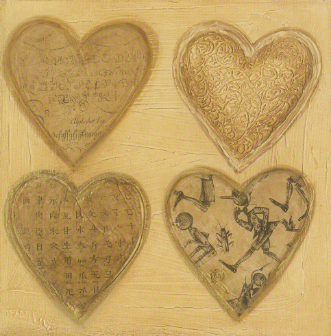 Obrázek 20x20, čtyři srdce - pinocchio, rám bílý s patinou