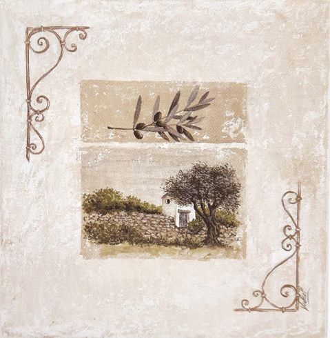 Obrázek 30x30, bílý domeček, rám sv. dub - červotoč