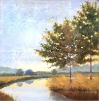 Obrázek 50x50, stromy u řeky I., rám bílý s patinou