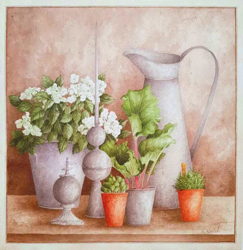 Obrázek 30x30, nádoby & květiny II., rám sv. dub - červotoč