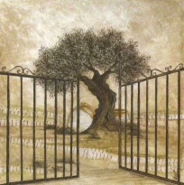 Obrázek 30x30, brána & olivovník, rám sv. dub - červotoč