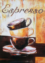 Obrázek 30x40, espresso, 3 šálky, rám bílý s patinou