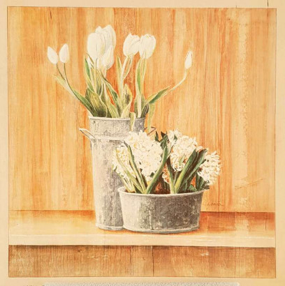 Obrázek 20x20, hyacinty & tulipány, rám bílý s patinou