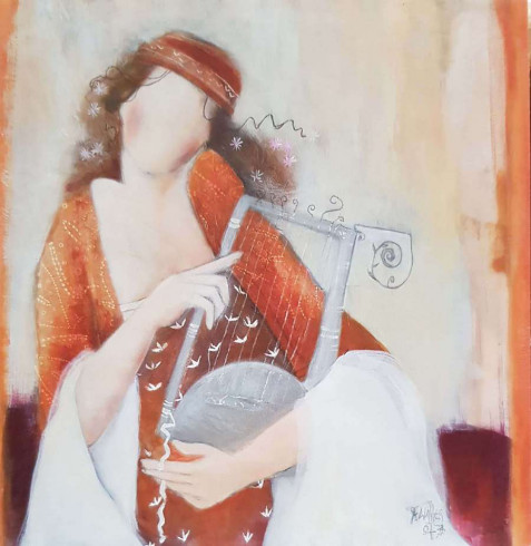 Obrázek 14x14, postava s lyrou, rám bílý s patinou