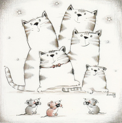Obrázek 14x14, kočky, rám sv. dub - červotoč