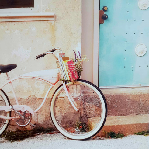 Obrázek 30x30, vintage kolo, rám bílý s patinou